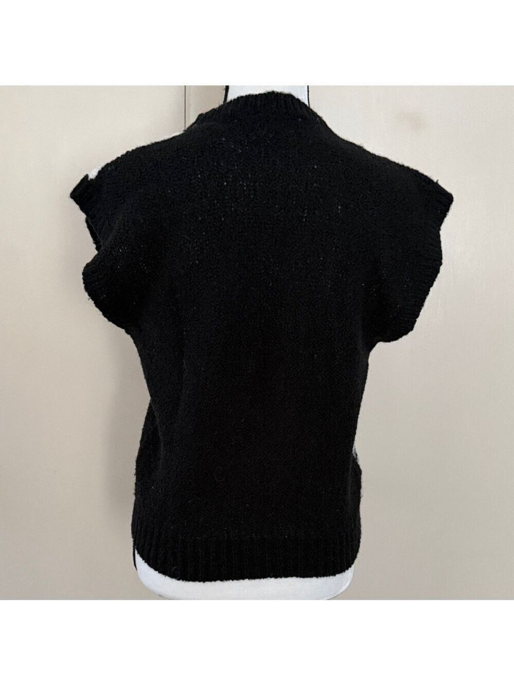 Vintage 80s Eileen Patchwork Sweater Vest | Black & White Wool Blend | Size M - Picture 4 of 5